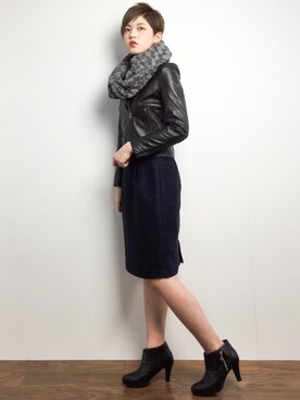 「STUDIOUS（ステュディオス）のアイテム（ライダースジャケット）」を使った、阿久津友里さん（レディース・165cm）の冬コーディネート