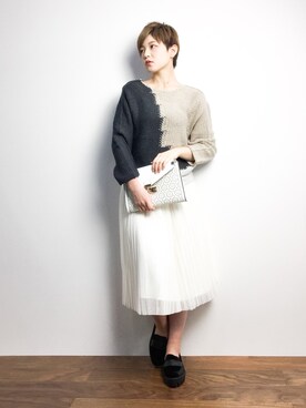 「Ameri（アメリ）のアイテム（ニット/セーター）」を使った、阿久津友里さん（レディース・165cm）の冬コーディネート