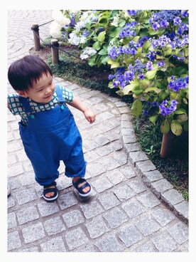 「ブルー」｜「アイテム（サロペット/オーバーオール）」を使った、hotakotoさん（キッズ・70cm）の夏コーディネート