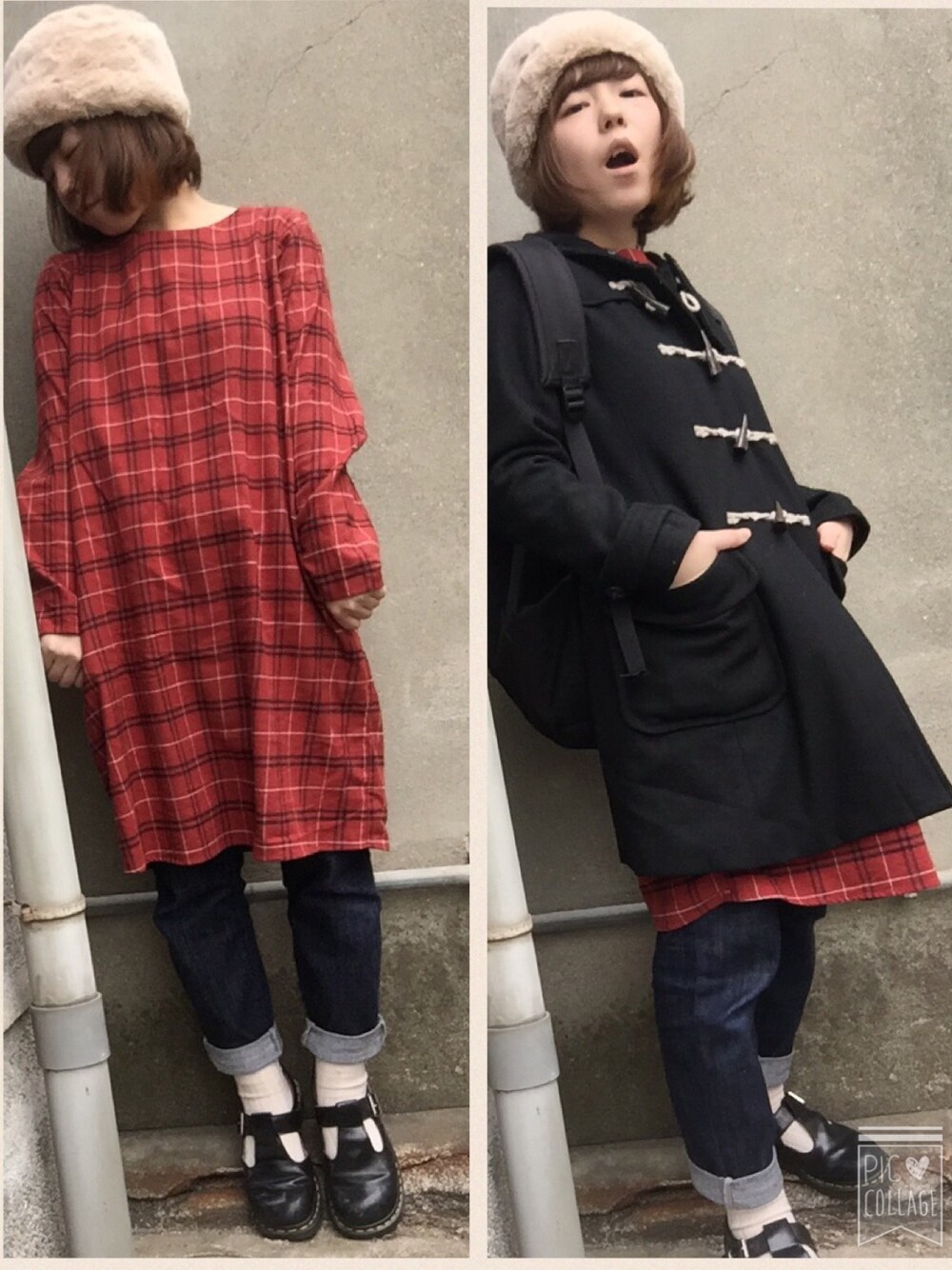 「ワンピース×デニム、カジュアルコーデ、ラクチンコーデ、ロシア帽、イチヨンプラス、ダッフルコート、赤チェック、ドクターマーチン、チビーズ✳︎、白ソックス」｜「Green　Parksの・Uﾁｪｯｸｻｯｸﾜﾝﾋﾟｰｽ（ワンピース、レッド系）」を使った、おおのさん（レディース・149cm）の冬コーディネートの1枚目の写真