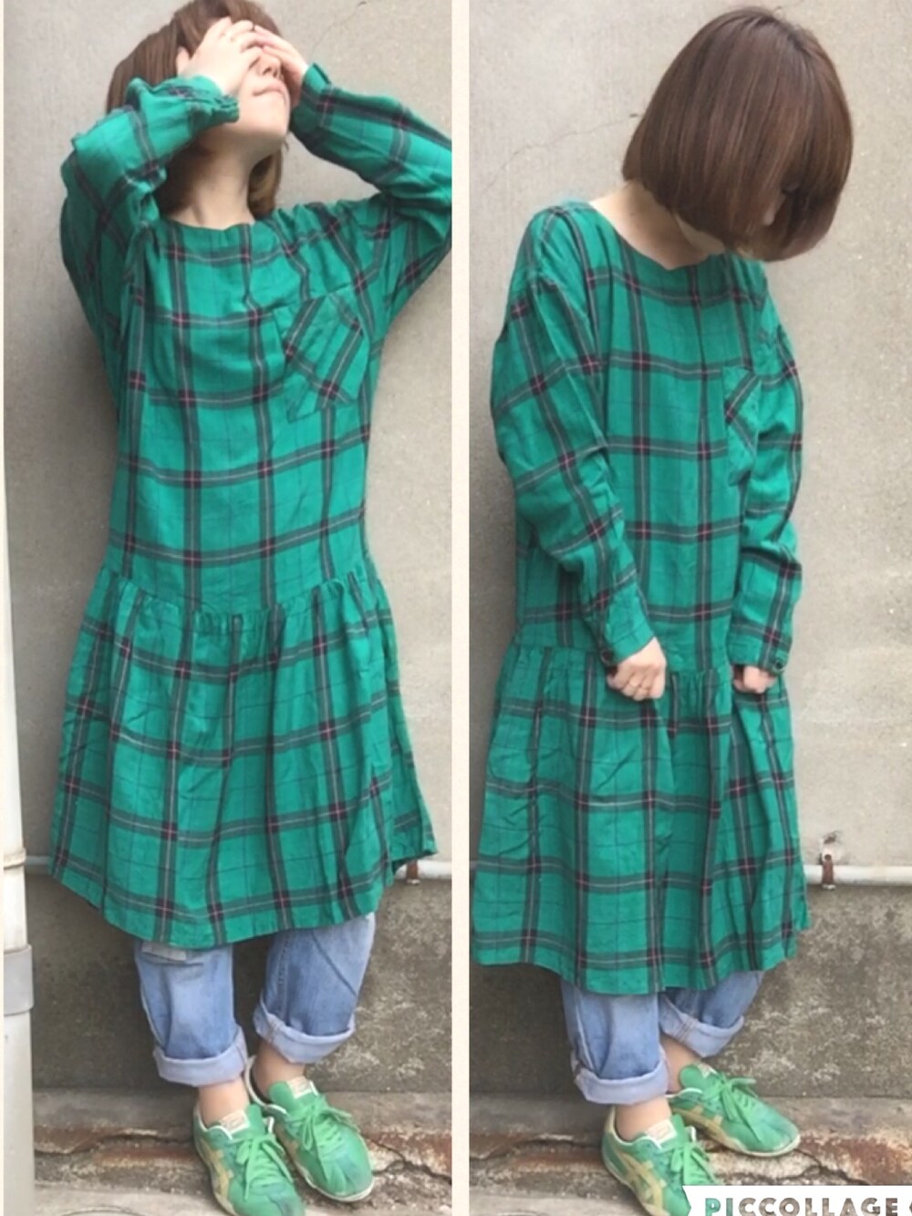 「緑の少女、ワンピース、チェックのワンピース、ワンピース×デニム、ボブ、チビーズ✳︎、ダメージデニムパンツ、古着MIX、ワンピース×スニーカー、オニツカタイガー」｜「GLOBAL WORKのアイテム（デニムパンツ、ブルー系）」を使った、おおのさん（レディース・149cm）の春コーディネートの1枚目の写真