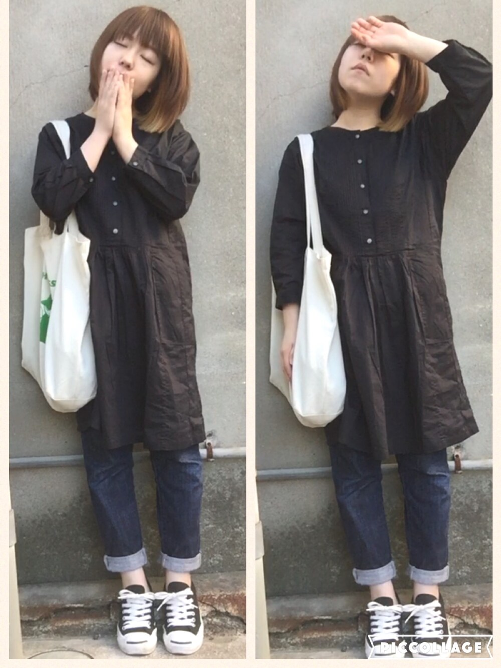 「大人カジュアル、converse、シンプル、ワンピース×スニーカー、ワンピース×デニム、ユニクロ、UNIQLO、ボブ、シャツワンピ」｜「UNIQLOのアイテム（ワンピース、ブラック系）」を使った、おおのさん（レディース・149cm）の春コーディネートの1枚目の写真