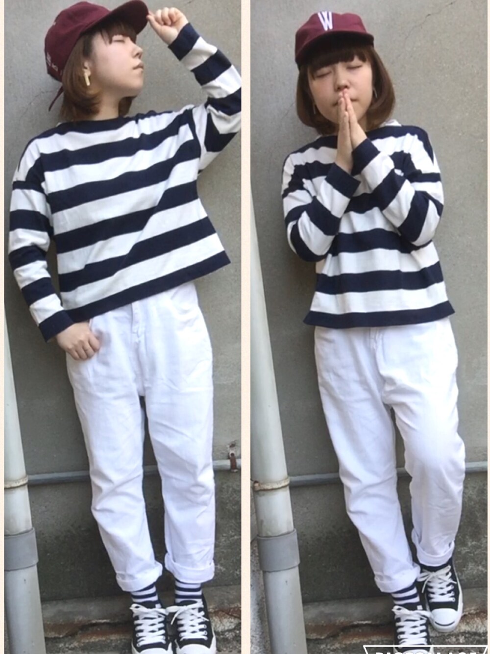 「シンプル、夏コーデ、デニムパンツ、ボーダー、ボーダートップス、しましま、白パンツ、スニーカーコーデ、ベースボールキャップ、チビーズ✳︎」｜「UNIQLOのアイテム（Tシャツ/カットソー、ホワイト系）」を使った、おおのさん（レディース・149cm）の春コーディネートの1枚目の写真