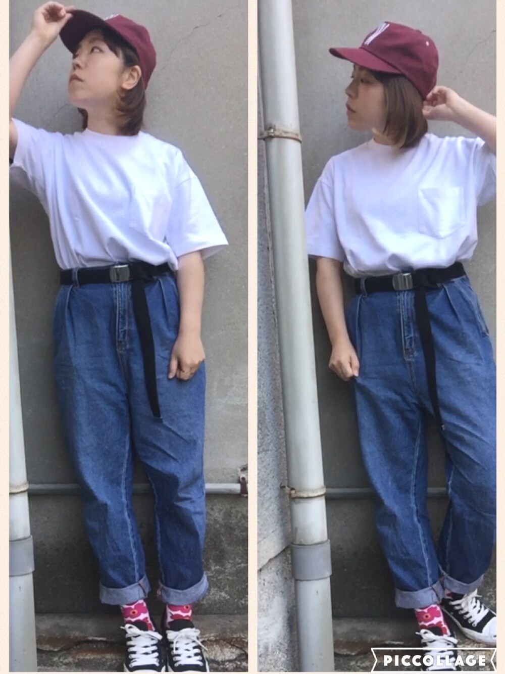 「UNIQLO、ユニクロ、白Tシャツ、ビッグT、メンズサイズ、ハイウエストマムジーンズ、プチプラコーデ、ガチャベルト、メンズライク、ゆるコーデ」｜「UNIQLOのアイテム（Tシャツ/カットソー、ホワイト系）」を使った、おおのさん（レディース・149cm）の春コーディネートの1枚目の写真