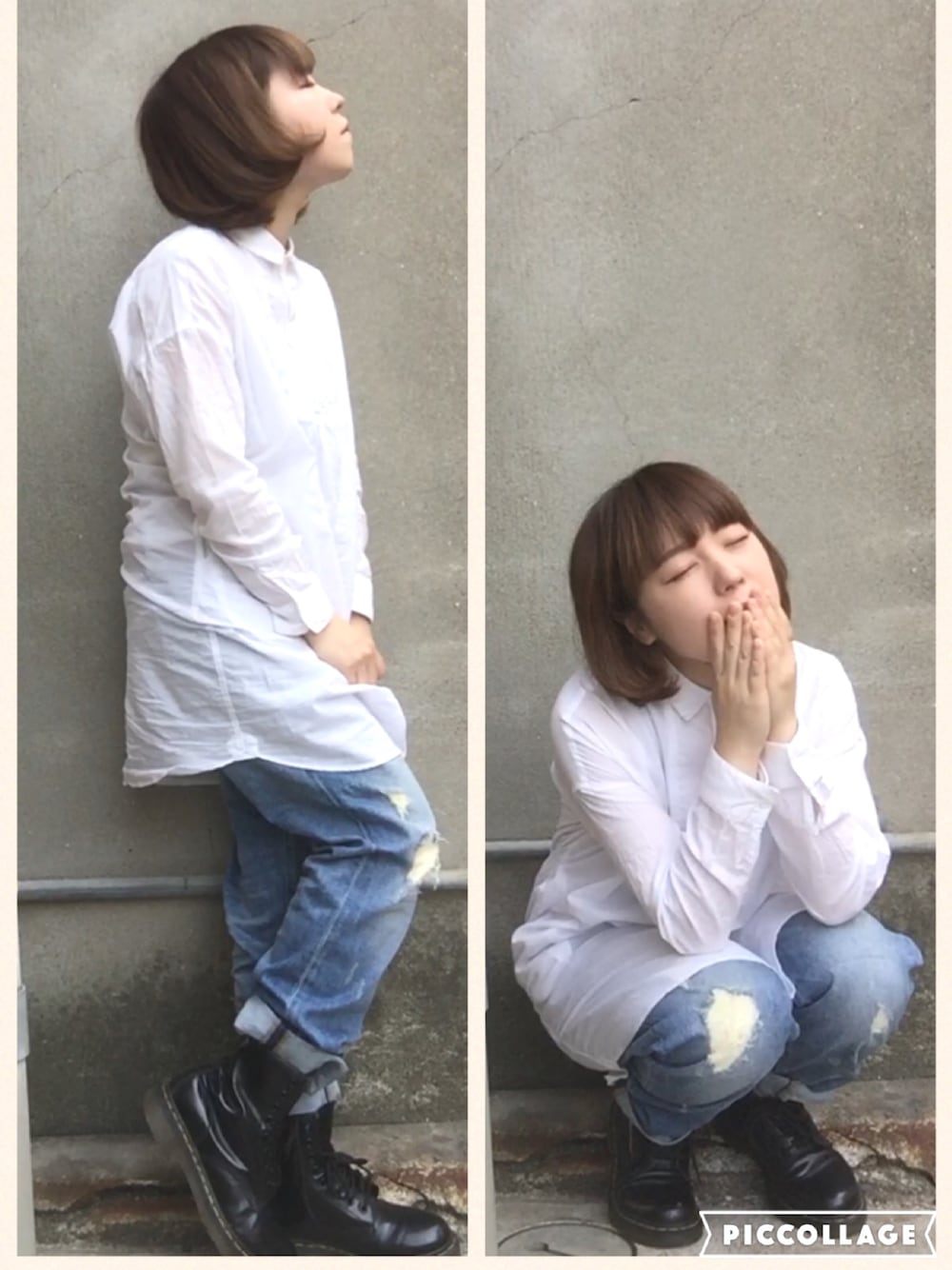 「メンズライク、ボーイズライク、白シャツ、シャツワンピ、ダメージデニムパンツ、ボブ、チビーズ✳︎、ドクターマーチン、ワンピース×デニム、ボーイズmix」｜「UNIQLOのアイテム（デニムパンツ、ブルー系）」を使った、おおのさん（レディース・149cm）の春コーディネートの1枚目の写真