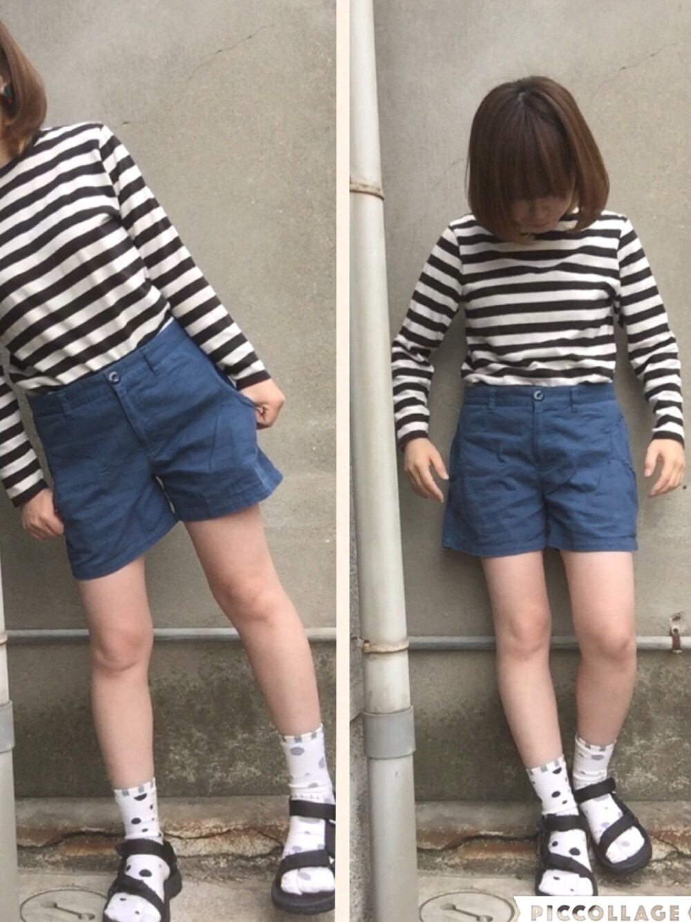 「メンズライク、ボーダー、みずたま、SOU・SOU、スポサン、スポーツサンダル、teva、サンダルに靴下、プチプラコーデ、ショートパンツ」｜「GUのアイテム（Tシャツ/カットソー、ホワイト系）」を使った、おおのさん（レディース・149cm）の春コーディネートの1枚目の写真