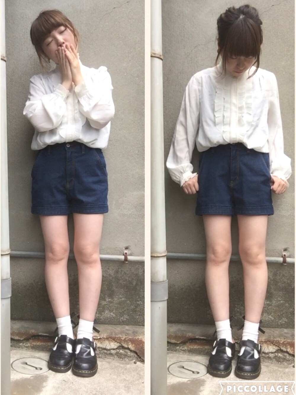 「夏コーデ、ショートパンツ、ハイウエストショーパン、古着、古着MIX、フリルブラウス、ドクターマーチン、リボン靴下、マーチン、ガーリー」｜「古着のアイテム（シャツ/ブラウス、ホワイト系）」を使った、おおのさん（レディース・149cm）の春コーディネートの1枚目の写真