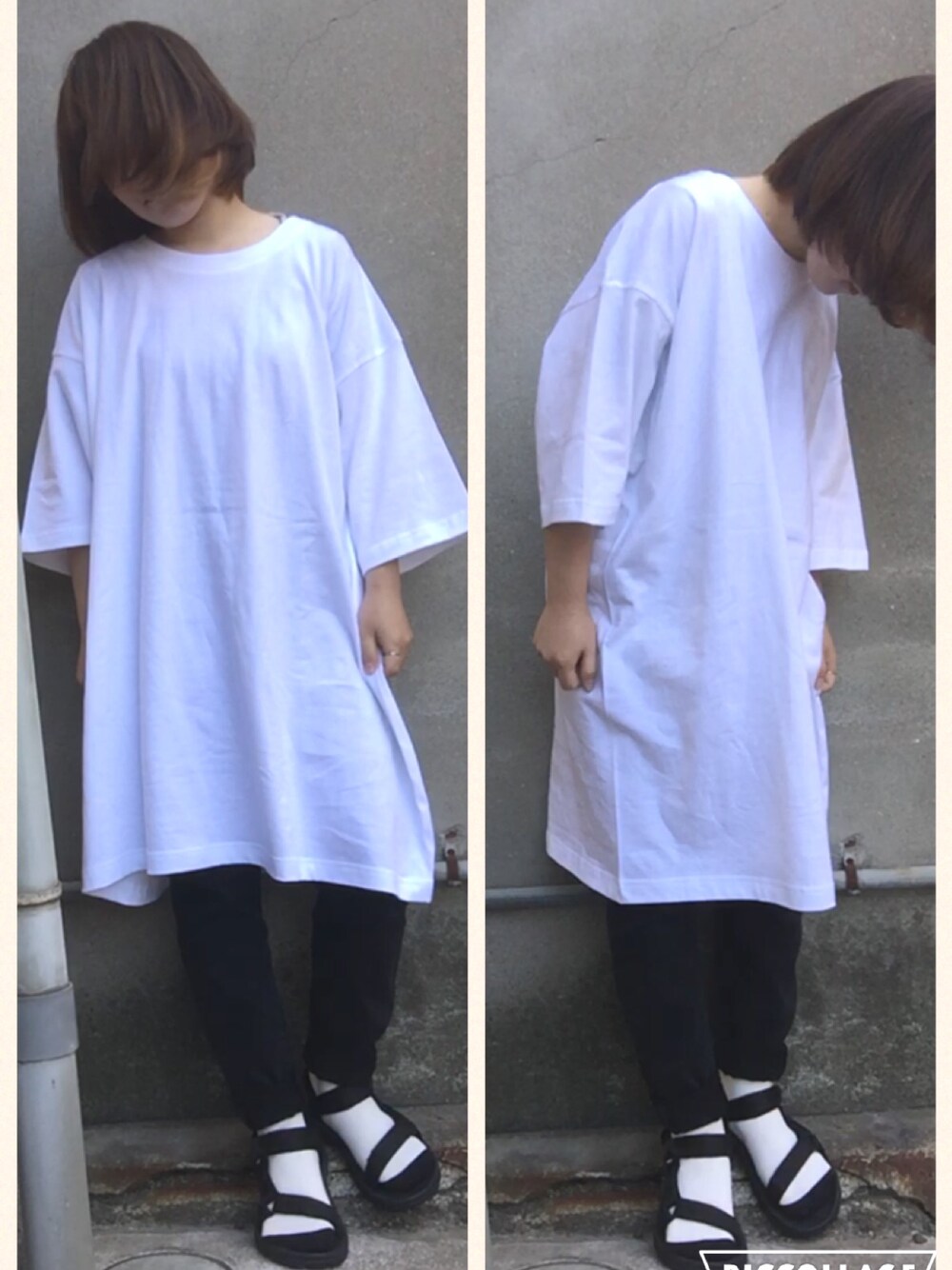 「7XL、ビックＴシャツ、ビッグTシャツ、ビックT、オーバーサイズ、ゆるコーデ、モノクロ、サンダルに靴下、teva、スポーツサンダル」｜「メルカリのアイテム（Tシャツ/カットソー、ホワイト系）」を使った、おおのさん（レディース・149cm）の夏コーディネートの1枚目の写真