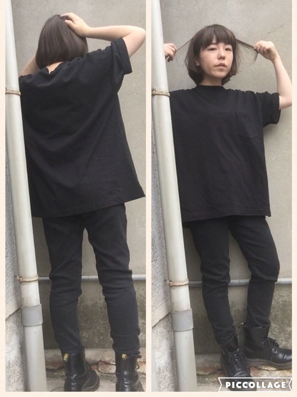 「黒、ユニクロ、ビックシルエット、ビックT、オーバーサイズ、シンプルコーデ、真っ黒コーデ、マーチン、ボブ、プチプラコーデ」｜「UNIQLOのアイテム（Tシャツ/カットソー、ホワイト系）」を使った、おおのさん（レディース・149cm）の夏コーディネートの1枚目の写真
