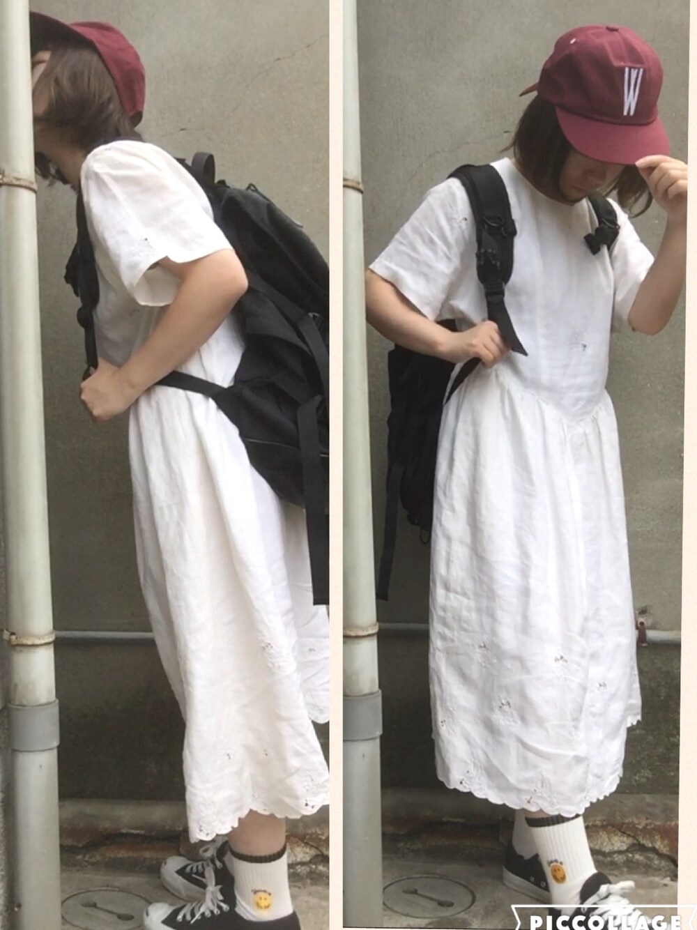 「ワンピース、ニコちゃん、古着、古着MIX、プチプラ、メンズライク、ガーリー、ボブ、ホワイト、ジャックパーセル」｜「古着のアイテム（ワンピース、ホワイト系）」を使った、おおのさん（レディース・149cm）の夏コーディネートの1枚目の写真