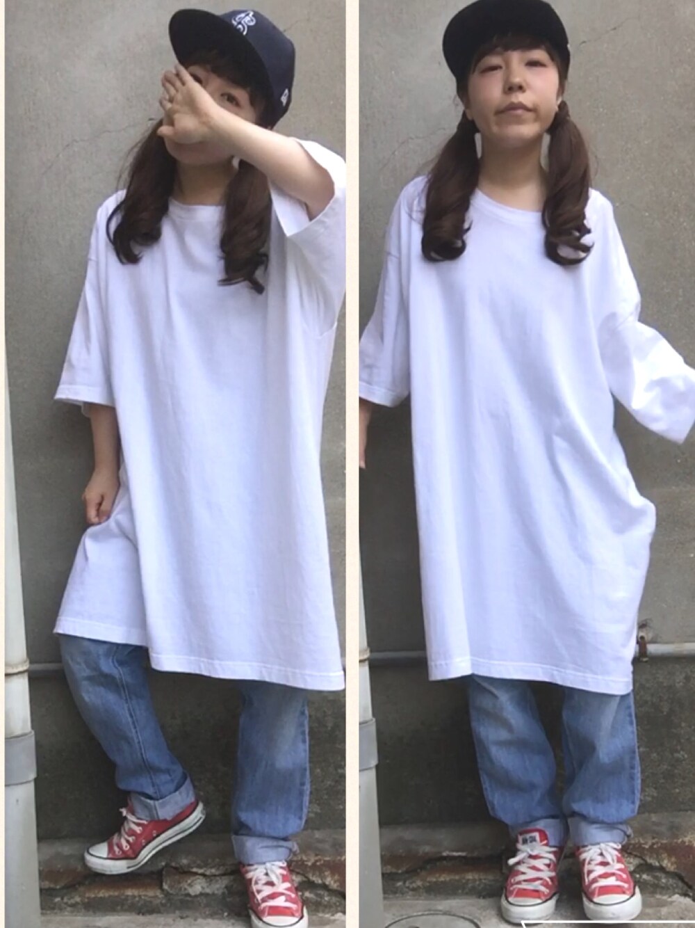 「ウィッグ、ツインテール、ゆるコーデ、ビッグシルエット、ビッグT、白Tシャツ、オーバーサイズ、コンバース、ボーイズライク、キャップ」｜「NEW ERAのアイテム（キャップ、ブルー系）」を使った、おおのさん（レディース・149cm）の夏コーディネートの1枚目の写真