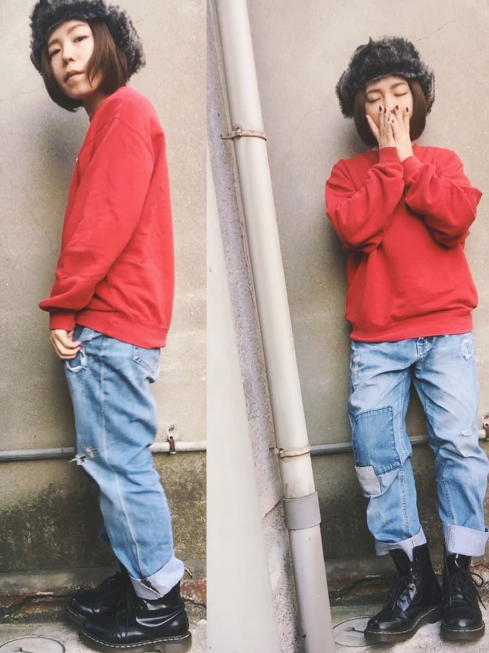 「古着、古着MIX、Dr.Martens、スウェット、ダメージデニムパンツ、ボーイッシュ、ボブ、メンズライク、カジュアルコーデ、冬」｜「NIKEのアイテム（スウェット、レッド系）」を使った、おおのさん（レディース・149cm）の冬コーディネートの1枚目の写真