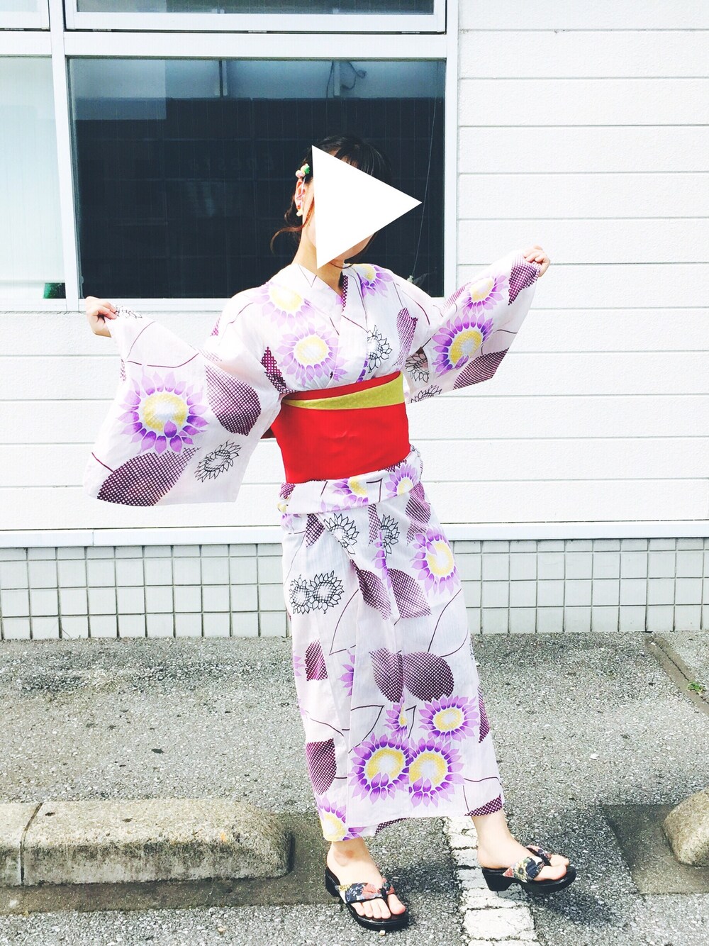 「浴衣、ひまわり柄、帯、夏、薄紫」｜「no brandのアイテム（浴衣、パープル系）」を使った、J ▲さん（レディース・155cm）の夏コーディネートの1枚目の写真