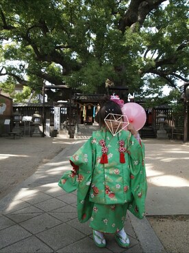 「アイテム（浴衣、グリーン系）」を使った、monさん（キッズ・90cm）の秋コーディネート