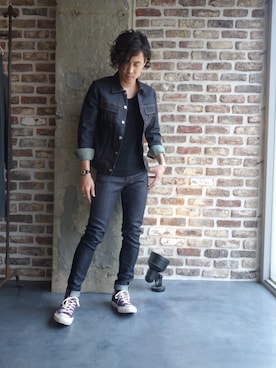 「JOHN LAWRENCE SULLIVAN（ジョンローレンスサリバン）のアイテム（デニムジャケット）」を使った、ONEPAIRさん（メンズ・173cm）の夏コーディネート