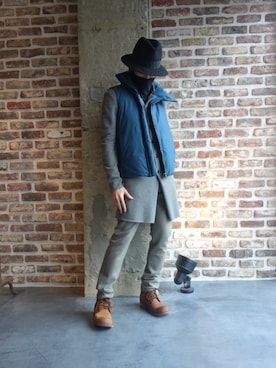 「KAZUYUKI KUMAGAI　KD42-050　タイプライターレザータ加工ダウンベスト」｜ONEPAIRさん（メンズ・173cm）の夏コーディネート