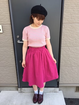 「ひざ丈スカート」｜「アイテム（ハンチング/ベレー帽）」を使った、まーこさん（レディース・155cm）の春コーディネート