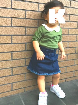 「petit main（プティマイン）のアイテム（Tシャツ/カットソー、グリーン系）」を使った、Kiiさん（キッズ・80cm）の秋コーディネート