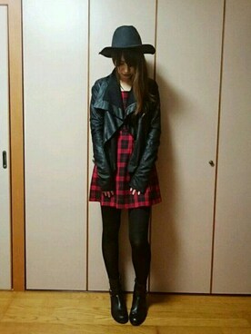 「チェックワンピース」｜「アイテム（ライダースジャケット）」を使った、melon soda( メロンソーダ )さん（レディース・163cm）の冬コーディネート