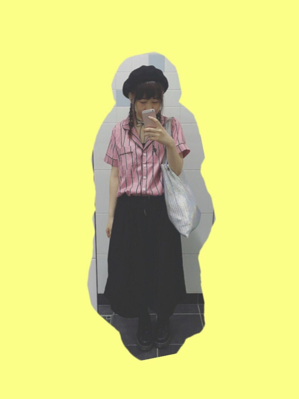 「ベレー帽、リボン、パジャマ、パジャマシャツ、ガウチョパンツ、ブーツ、Dr.Martens、WEGO、古着、used」｜「WEGOのWEGO/ウールベレー帽（ハンチング/ベレー帽、ブラック系）」を使った、mさん（レディース・155cm）の秋コーディネートの1枚目の写真