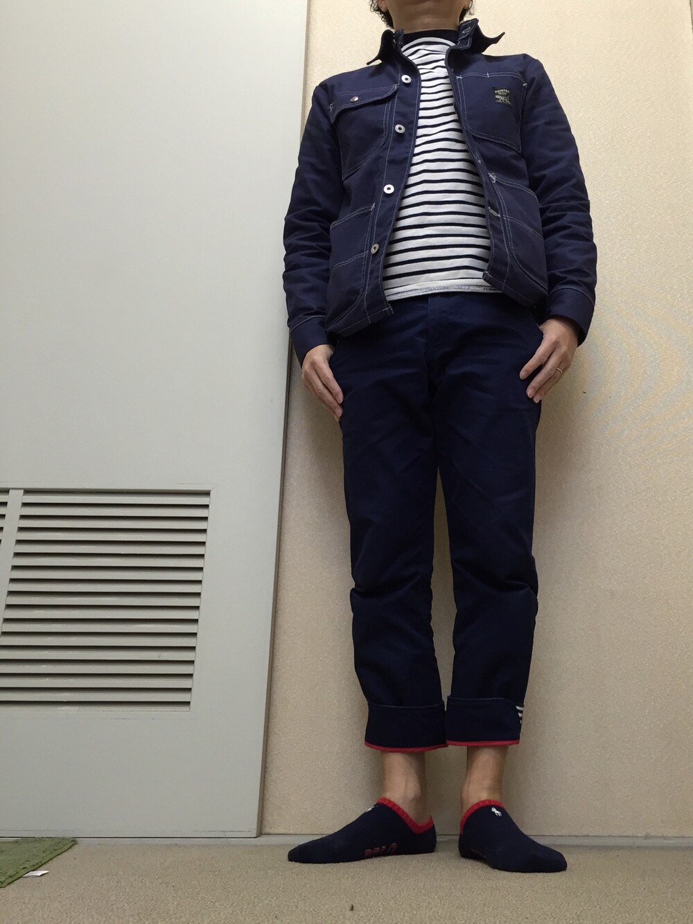 「青コーデ、白スニーカー、ボーダー、WEARパパ部」｜「ORCIVALのORCIVAL/ｶｯﾄｿｰ（Tシャツ/カットソー、その他）」を使った、moooonさん（メンズ・165cm）の春コーディネートの1枚目の写真