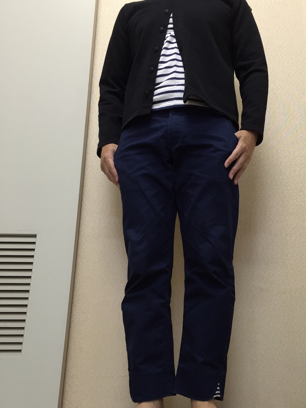 「カーディガン、ボーダー、歓送迎会、WEARパパ部」｜「LEMINORのアイテム（カーディガン/ボレロ、ブラック系）」を使った、moooonさん（メンズ・165cm）の春コーディネートの1枚目の写真