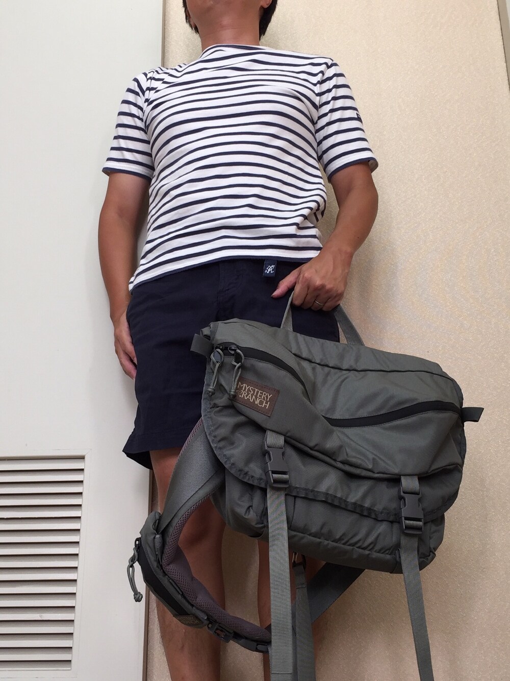 「ボーダー、ショートパンツ、スポーツサンダル、WEARパパ部」｜「SAINT JAMESのSAINT JAMES PIRIAC（Tシャツ/カットソー、ブルー系）」を使った、moooonさん（メンズ・165cm）の夏コーディネートの1枚目の写真