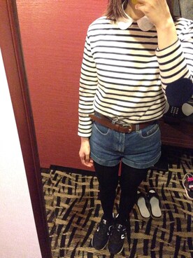 「SAINT JAMES（セントジェームス）のアイテム（Tシャツ/カットソー、ホワイト系）」を使った、mikaさん（レディース・159cm）の冬コーディネート
