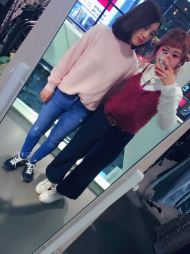 「UNIQLO（ユニクロ）のアイテム（ニット/セーター、ピンク系）」を使った、いのいのさん（レディース・159cm）の春コーディネート