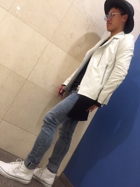 「アイテム（ライダースジャケット、ホワイト系）」を使った、SOUJUNさん（メンズ・165cm）の冬コーディネート