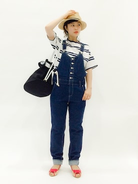 「ウェッジソール」｜「アイテム（サロペット/オーバーオール）」を使った、クボヤさん（レディース・157cm）の春コーディネート