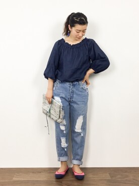 「バルーンスリーブ」｜クボヤさん（レディース・157cm）の夏コーディネート