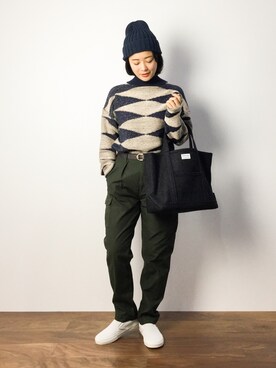 「柄物」｜「アイテム（帽子）」を使った、クボヤさん（レディース・157cm）の秋コーディネート