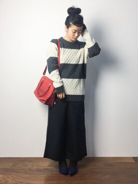 「アイテム（ボストンバッグ、レッド系）」を使った、クボヤさん（レディース・157cm）の秋コーディネート