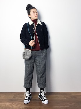 「ツイードパンツ」｜「アイテム（デニムジャケット）」を使った、クボヤさん（レディース・157cm）の秋コーディネート