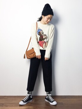 「FRAMeWORK（フレームワーク）のアイテム（ニットキャップ/ビーニー）」を使った、クボヤさん（レディース・157cm）の秋コーディネート