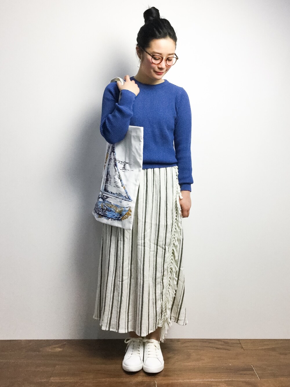 「SLOBE IENAのサーマル風ニットロングスリーブプルオーバー◆（ニット/セーター、ブルー系）」を使った、クボヤさん（レディース・157cm）の冬コーディネートの1枚目の写真
