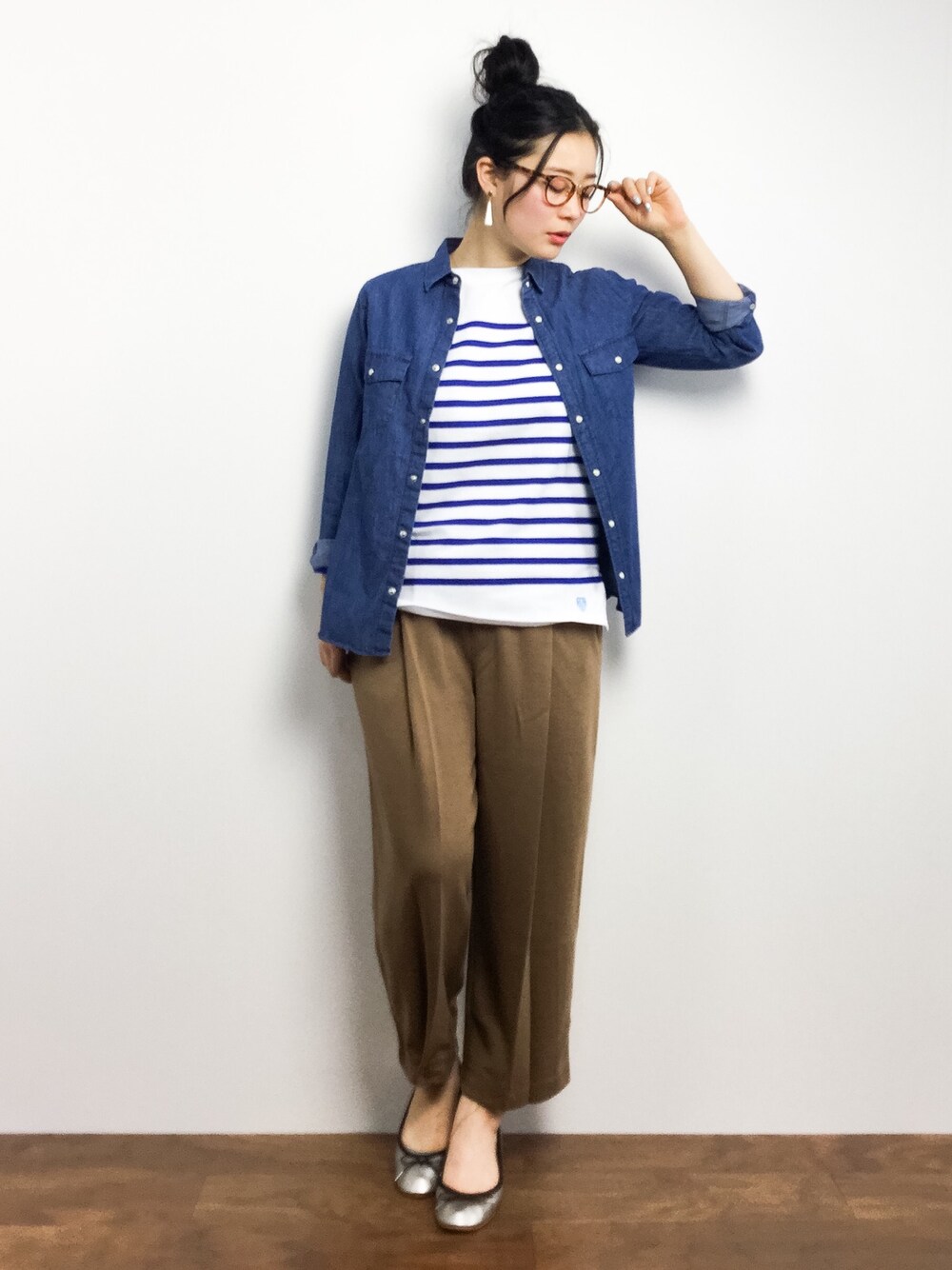 「Ray BEAMSのORCIVAL / "RACHEL"セーラーロングスリーブ（Tシャツ/カットソー、ブルー系）」を使った、クボヤさん（レディース・157cm）の冬コーディネートの1枚目の写真