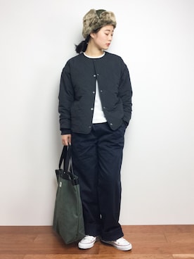 「Casselini（キャセリーニ）のアイテム（キャップ）」を使った、クボヤさん（レディース・157cm）の秋コーディネート