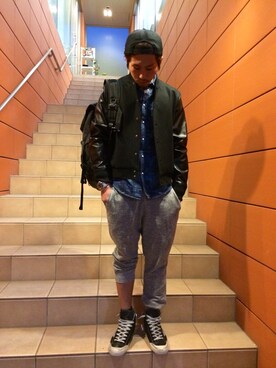 「L.H.P（エルエイチピー）のアイテム（スタジャン）」を使った、よしやす(34歳)さん（メンズ・175cm）の冬コーディネート