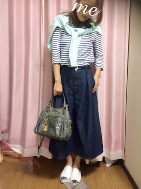 「UNIQLO（ユニクロ）のWOMEN ボーダーボートネックT（長袖）A（Tシャツ/カットソー、ホワイト系）」を使った、chibihalnaさん（レディース・153cm）の夏コーディネート