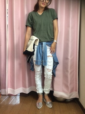 「ZARA（ザラ）のアイテム（その他パンツ、ホワイト系）」を使った、chibihalnaさん（レディース・153cm）の夏コーディネート