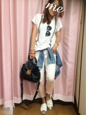 「UNIQLO（ユニクロ）のアイテム（Tシャツ/カットソー、ホワイト系）」を使った、chibihalnaさん（レディース・153cm）の夏コーディネート