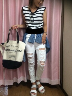 「ZARA（ザラ）のアイテム（その他パンツ、ホワイト系）」を使った、chibihalnaさん（レディース・153cm）の夏コーディネート