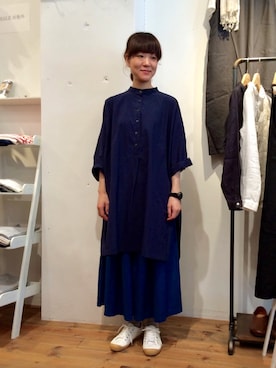 「ネイビーコーデ」｜「アイテム（チュニック）」を使った、YARRA吉祥寺店さん（レディース・159cm）の夏コーディネート