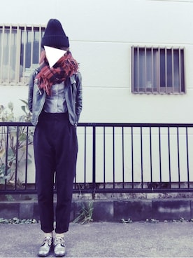 「タータンチェック」｜「アイテム（ライダースジャケット）」を使った、nakakoさん（レディース・162cm）の冬コーディネート