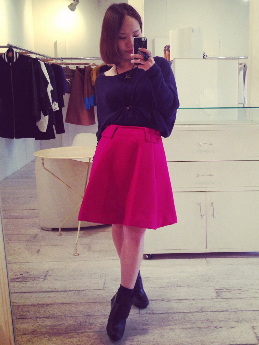 「mullerofyoshikubo、UNITED NUDE」｜「muller of yoshiokuboのflare tuck skirt（スカート、パープル系）」を使った、たちゃぴーさん（レディース・152cm）の春コーディネートの1枚目の写真