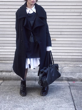 「Yohji Yamamoto（ヨウジヤマモト）のアイテム（ステンカラーコート）」を使った、rukaさん（レディース・158cm）の冬コーディネート