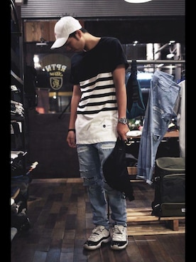 「REPUTATION（レピュテーション）のアイテム（帽子）」を使った、童昱翔さん（メンズ・175cm）の春コーディネート