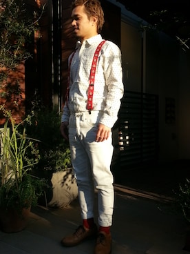 「アイテム（サスペンダー）」を使った、堀越　真さん（メンズ・162cm）の冬コーディネート